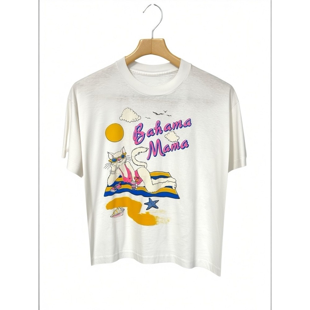 Vintage Bahama Mama Cat On The Beach Thin White Large Single Stitch T-Shirt 80's